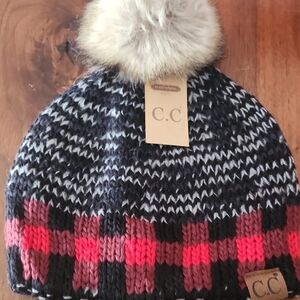 C.C Kids Plaid Pom Pom Beanie - Black and Pink